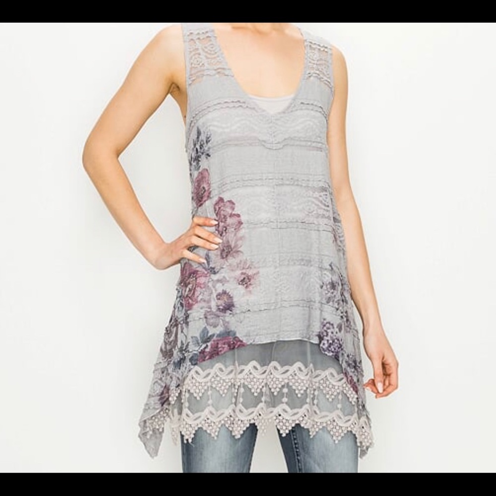 Cottage core fashion Grey Lacey V Neck Tank Sm